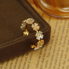Wholesale Vacation Flower Copper Plating Inlay 18K Gold Plated Zircon Open Rings - coojewelry