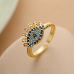 Wholesale Vintage Simple Commute Devil's Eye Copper Open Rings 18K Gold Plated with Zircon Inlay - coojewelry