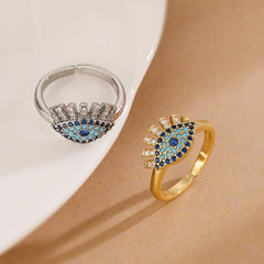 Wholesale Vintage Simple Commute Devil's Eye Copper Open Rings 18K Gold Plated with Zircon Inlay - coojewelry