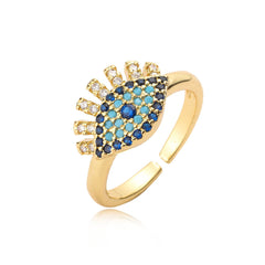 Wholesale Vintage Simple Commute Devil's Eye Copper Open Rings 18K Gold Plated with Zircon Inlay - coojewelry