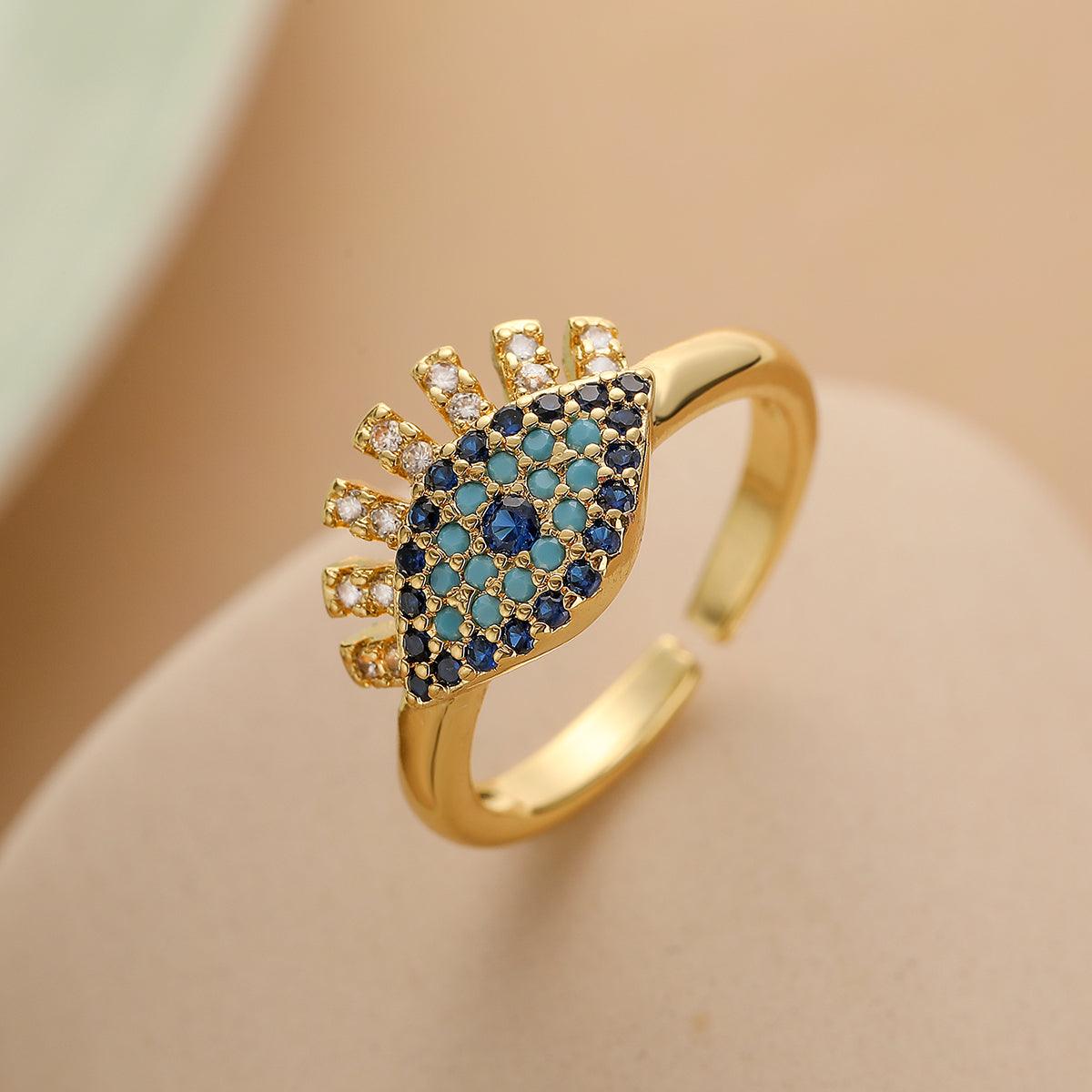 Wholesale Vintage Simple Commute Devil's Eye Copper Open Rings 18K Gold Plated with Zircon Inlay - coojewelry