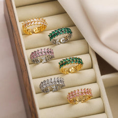 Wholesale Vintage Simple Commute Leaf Copper Open Rings  18K Gold Plated with Zircon Inlay - coojewelry
