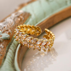 Wholesale Vintage Simple Commute Leaf Copper Open Rings  18K Gold Plated with Zircon Inlay - coojewelry