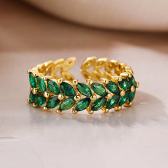 Wholesale Vintage Simple Commute Leaf Copper Open Rings  18K Gold Plated with Zircon Inlay - coojewelry