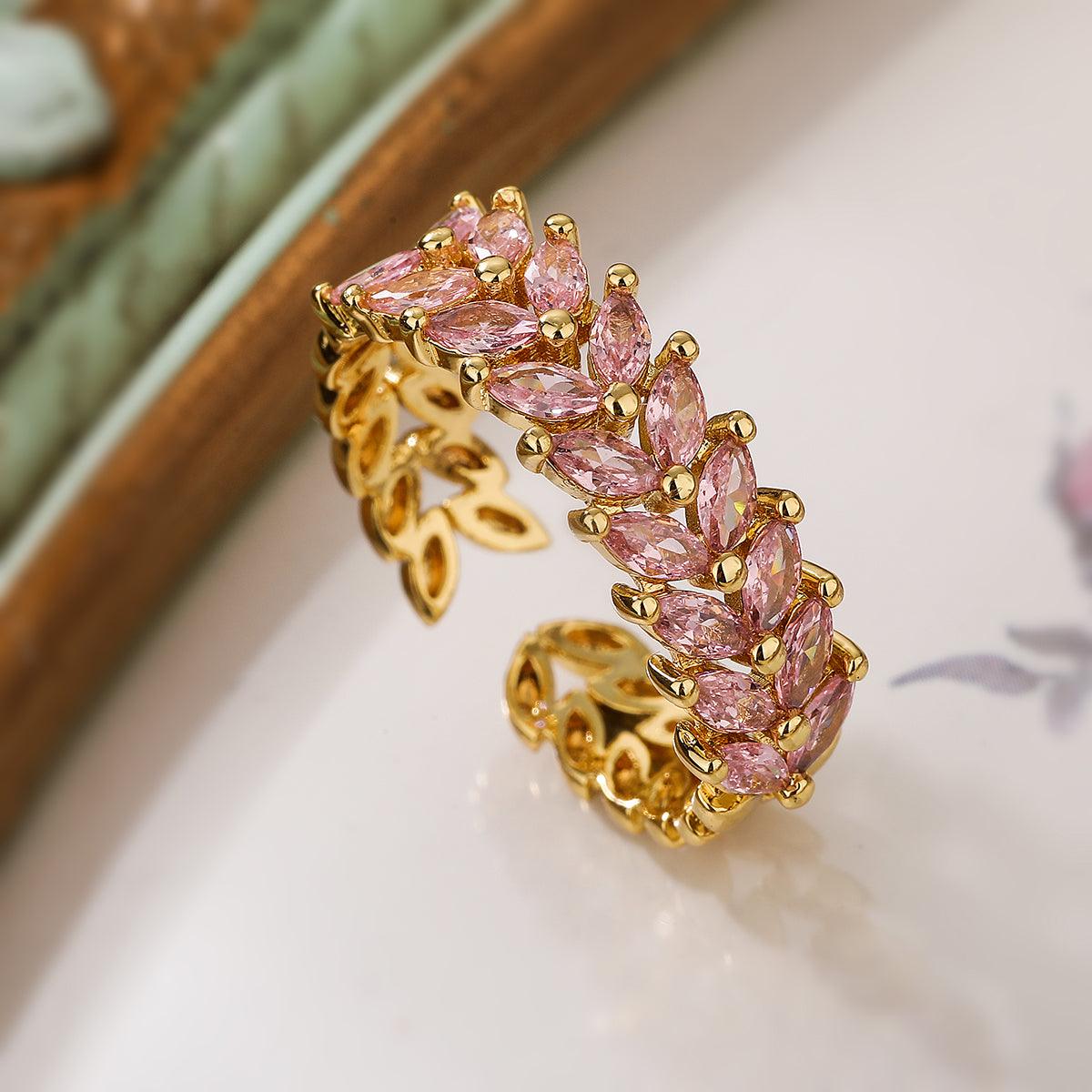 Wholesale Vintage Simple Commute Leaf Copper Open Rings  18K Gold Plated with Zircon Inlay - coojewelry