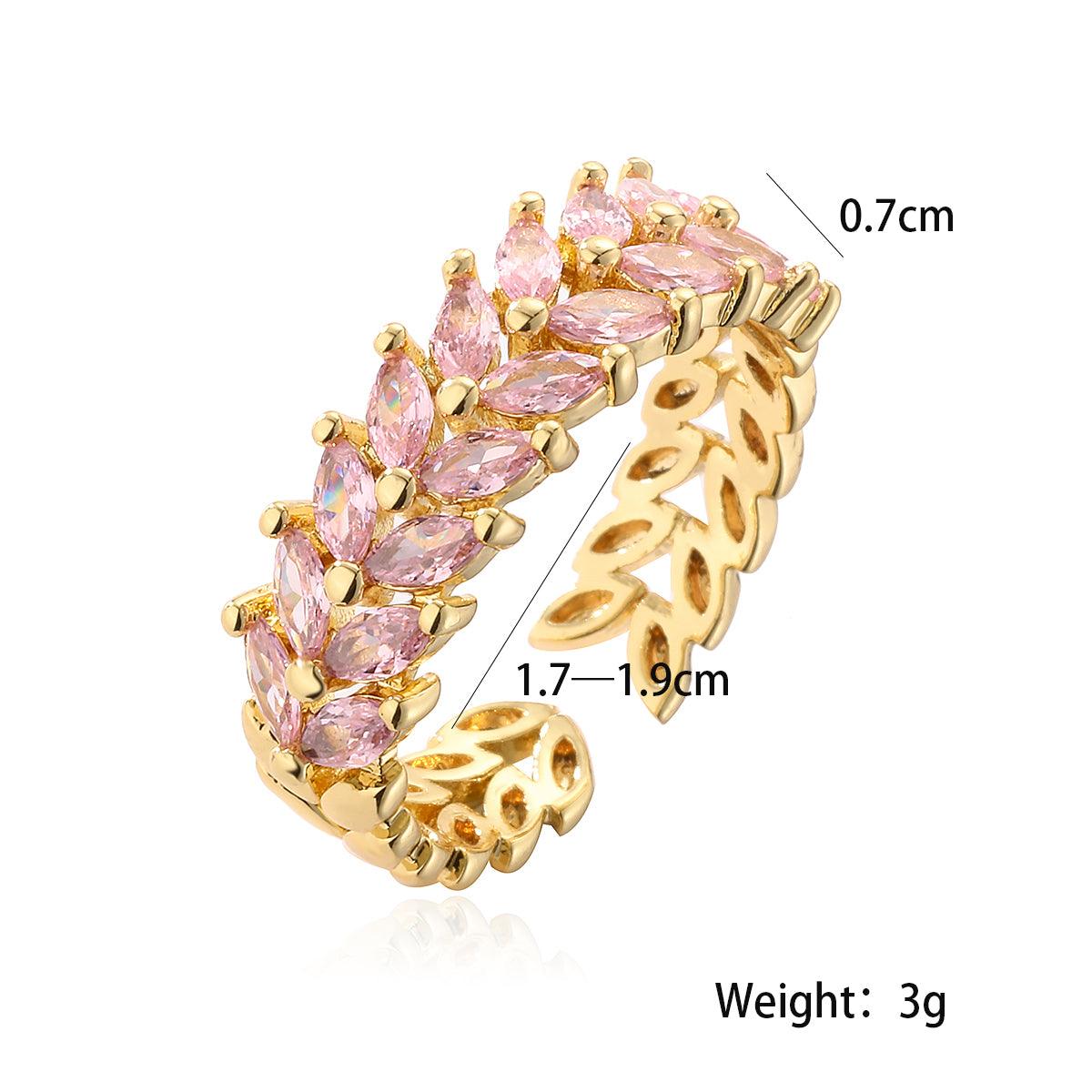 Wholesale Vintage Simple Commute Leaf Copper Open Rings  18K Gold Plated with Zircon Inlay - coojewelry