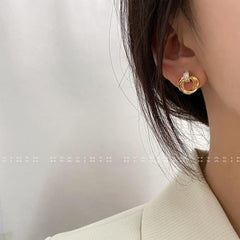 Wholesale Vintage Simple Geometric Round Inlay Copper Zircon 18K Gold Plated Ear Studs Pair - coojewelry