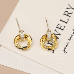 Wholesale Vintage Simple Geometric Round Inlay Copper Zircon 18K Gold Plated Ear Studs Pair - coojewelry