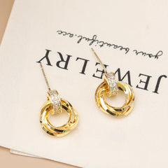 Wholesale Vintage Simple Geometric Round Inlay Copper Zircon 18K Gold Plated Ear Studs Pair - coojewelry