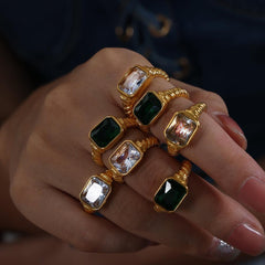 Wholesale Vintage Square Titanium Steel Rings  18K Gold Plated with Zircon Inlay - coojewelry