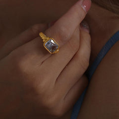 Wholesale Vintage Square Titanium Steel Rings  18K Gold Plated with Zircon Inlay - coojewelry