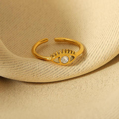 Wholesale Vintage Style Devil's Eye Stainless Steel Open Rings  18K Gold Plated with Rhinestone Inlays - coojewelry