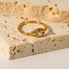 Wholesale Vintage Style Devil's Eye Stainless Steel Open Rings  18K Gold Plated with Rhinestone Inlays - coojewelry