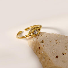 Wholesale Vintage Style Devil's Eye Stainless Steel Open Rings  18K Gold Plated with Rhinestone Inlays - coojewelry
