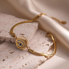 Wholesale Vintage Style Simple Commute Devil's Eye Titanium Steel Plating Inlay 18K Gold Plated Zircon Bracelets - coojewelry