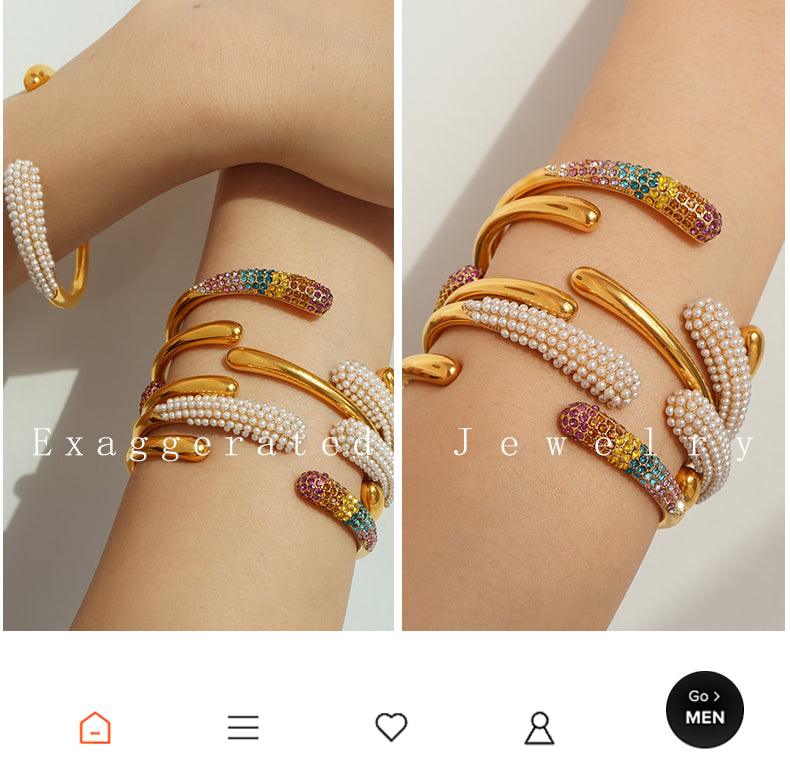 Wholesale Vintage Style Vacation Commute Round Titanium Steel Asymmetrical Plating Zircon Inlay 18K Gold Plated Bangle - coojewelry