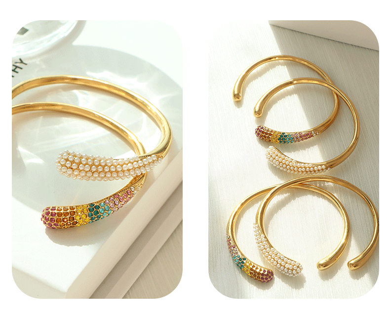Wholesale Vintage Style Vacation Commute Round Titanium Steel Asymmetrical Plating Zircon Inlay 18K Gold Plated Bangle - coojewelry