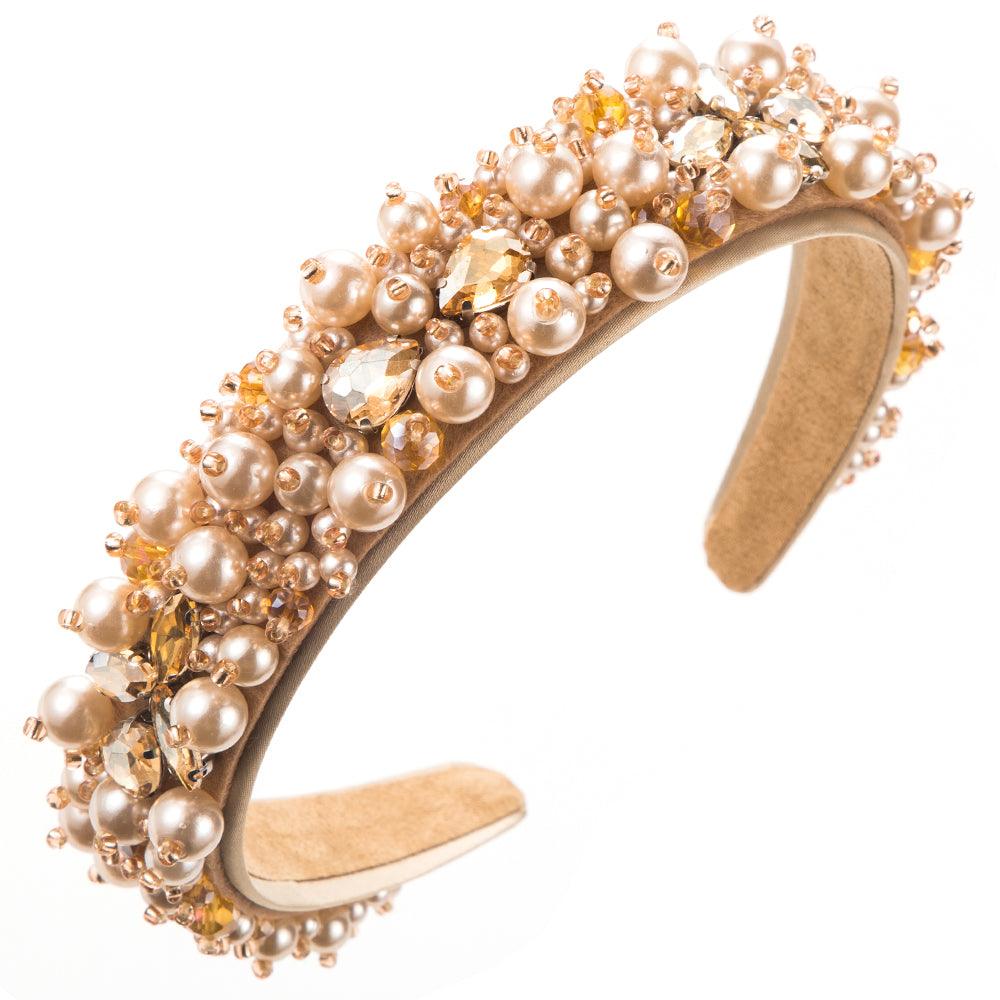 Wholesale Women's Vacation Modern Classic Style Round Water Droplets Alloy Cloth Beaded Inlay Glass Drill Pearl Hair Band - coojewelry