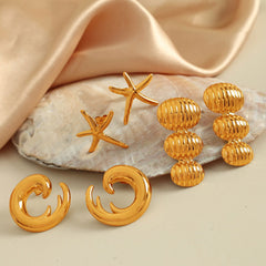 wholesale Exaggerated Beach IG Style Oval Starfish Sea Wave Polishing 304 Stainless Steel 18K Gold Plated Drop Earrings - coojewelry