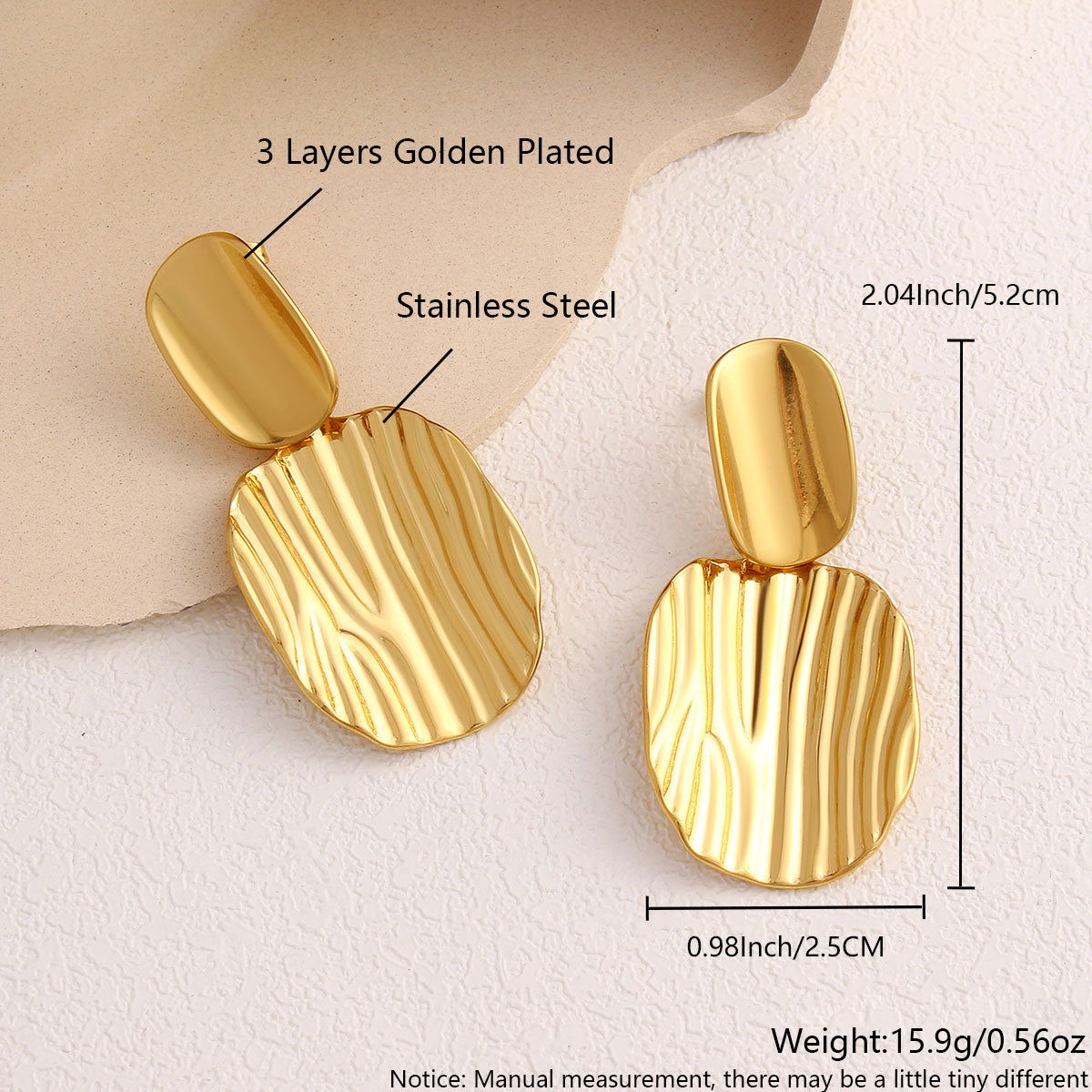 wholesale Exaggerated Simple Style Commute Geometric Pleated 304 Stainless Steel 18K Gold Plated Drop Earrings - coojewelry