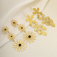 wholesale IG Style Sweet Simple Leaves Flower Inlay 304 Stainless Steel Gem Drop Earrings - coojewelry