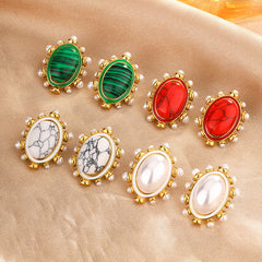 wholesale IG Style Vintage Oval Enamel Plating Inlay 304 Stainless Steel Artificial Pearls Turquoise 18K Gold Plated Ear Studs - coojewelry