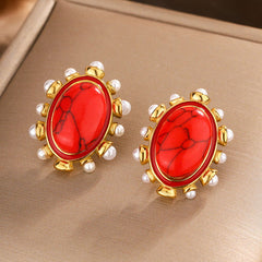 wholesale IG Style Vintage Oval Enamel Plating Inlay 304 Stainless Steel Artificial Pearls Turquoise 18K Gold Plated Ear Studs - coojewelry