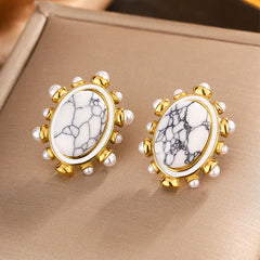 wholesale IG Style Vintage Oval Enamel Plating Inlay 304 Stainless Steel Artificial Pearls Turquoise 18K Gold Plated Ear Studs - coojewelry