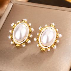 wholesale IG Style Vintage Oval Enamel Plating Inlay 304 Stainless Steel Artificial Pearls Turquoise 18K Gold Plated Ear Studs - coojewelry