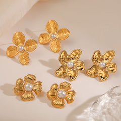 wholesale Retro Exaggerated Flower Inlay 304 Stainless Steel Pearl Ear Studs - coojewelry