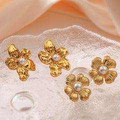 wholesale Retro Exaggerated Flower Inlay 304 Stainless Steel Pearl Ear Studs - coojewelry