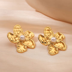 wholesale Retro Exaggerated Flower Inlay 304 Stainless Steel Pearl Ear Studs - coojewelry