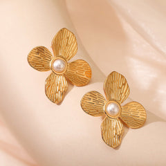wholesale Retro Exaggerated Flower Inlay 304 Stainless Steel Pearl Ear Studs - coojewelry