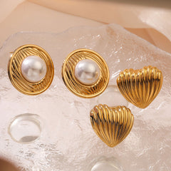 wholesale Retro Simple Style Commute Round Heart Shape Inlay 304 Stainless Steel Pearl Ear Studs - coojewelry