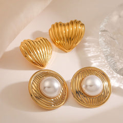 wholesale Retro Simple Style Commute Round Heart Shape Inlay 304 Stainless Steel Pearl Ear Studs - coojewelry