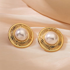 wholesale Retro Simple Style Commute Round Heart Shape Inlay 304 Stainless Steel Pearl Ear Studs - coojewelry