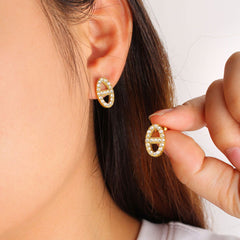 wholesale Retro Simple Style Oval Inlay 304 316 Stainless Steel Rhinestones 18K Gold Plated Ear Studs - coojewelry