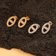 wholesale Retro Simple Style Oval Inlay 304 316 Stainless Steel Rhinestones 18K Gold Plated Ear Studs - coojewelry