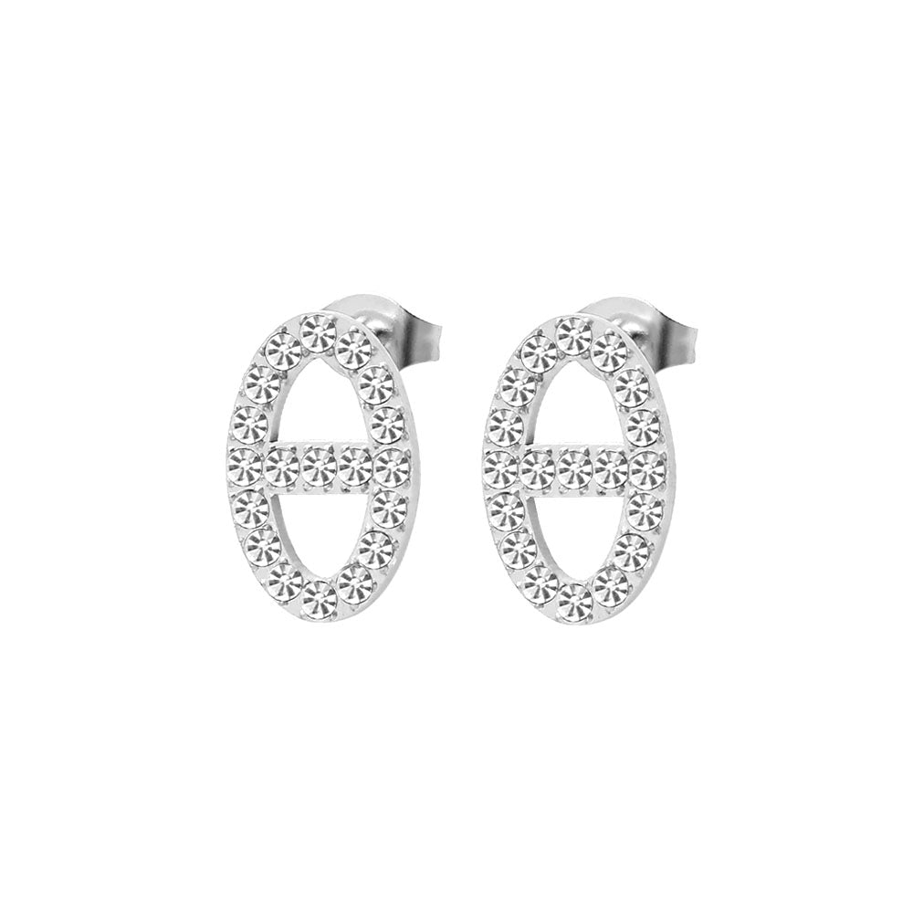 wholesale Retro Simple Style Oval Inlay 304 316 Stainless Steel Rhinestones 18K Gold Plated Ear Studs - coojewelry