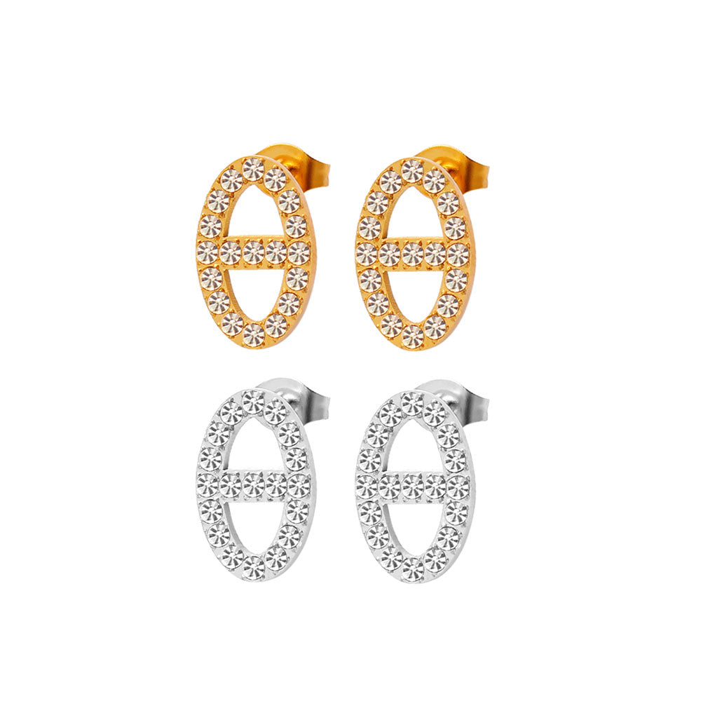 wholesale Retro Simple Style Oval Inlay 304 316 Stainless Steel Rhinestones 18K Gold Plated Ear Studs - coojewelry