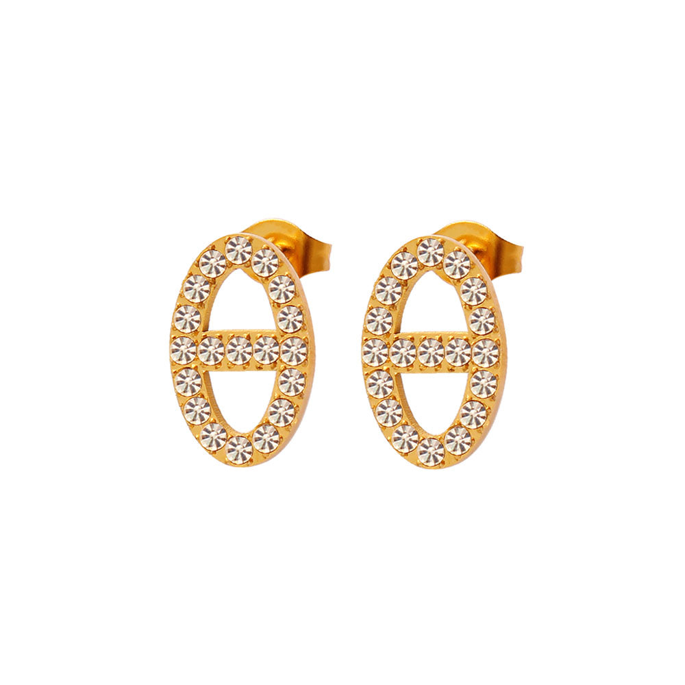 wholesale Retro Simple Style Oval Inlay 304 316 Stainless Steel Rhinestones 18K Gold Plated Ear Studs - coojewelry