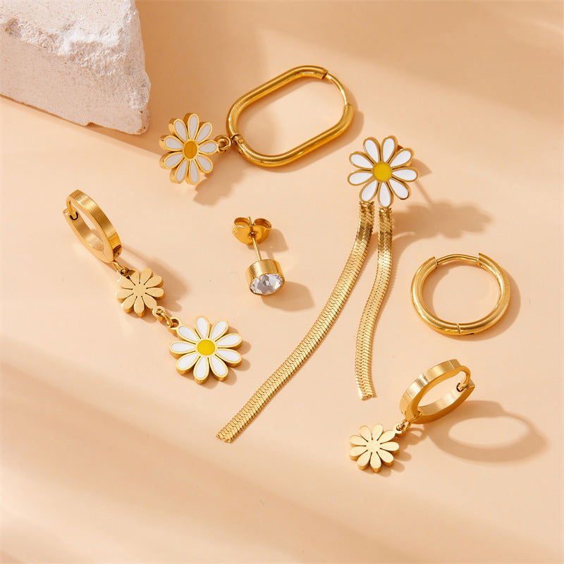 wholesale Sweet Shiny Daisy Tassel Enamel Inlay 304 Stainless Steel Zircon Drop Earrings - coojewelry