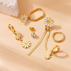 wholesale Sweet Shiny Daisy Tassel Enamel Inlay 304 Stainless Steel Zircon Drop Earrings - coojewelry