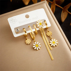 wholesale Sweet Shiny Daisy Tassel Enamel Inlay 304 Stainless Steel Zircon Drop Earrings - coojewelry