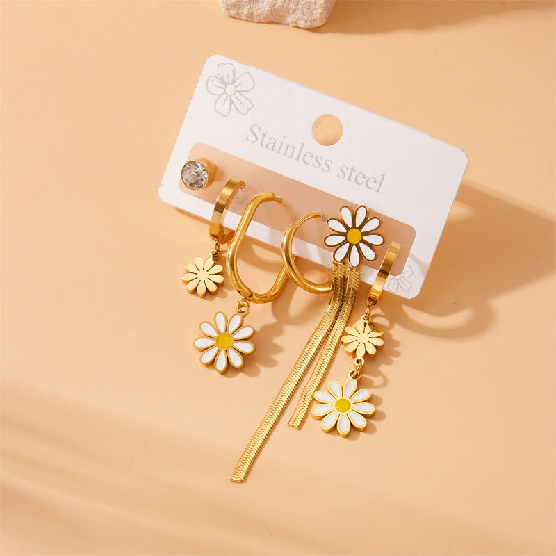 wholesale Sweet Shiny Daisy Tassel Enamel Inlay 304 Stainless Steel Zircon Drop Earrings - coojewelry