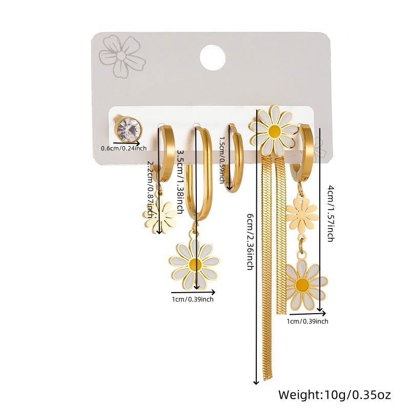 wholesale Sweet Shiny Daisy Tassel Enamel Inlay 304 Stainless Steel Zircon Drop Earrings - coojewelry