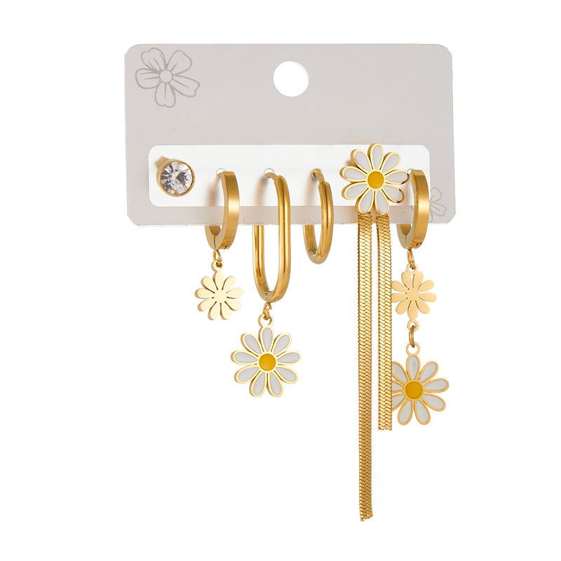 wholesale Sweet Shiny Daisy Tassel Enamel Inlay 304 Stainless Steel Zircon Drop Earrings - coojewelry